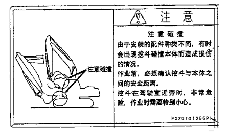 注意不可与挖斗相碰撞-挖掘机安全使用维护手册